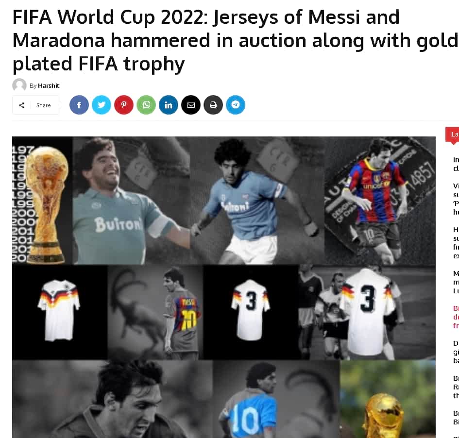 Réplica del trofeo de la Copa Mundial de la FIFA chapada en oro, camiseta de Lionel Messi y Diego Maradona a subasta